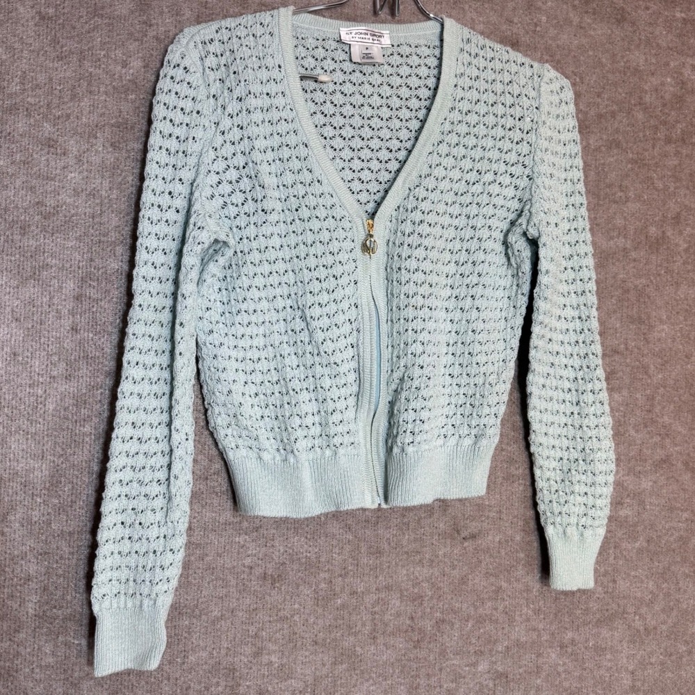Y2K St John Sport Zip Up Cardigan Women P Crochet Pointelle Wool Blend Preppy